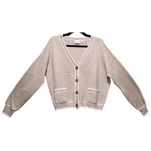 Cyrus Beige V-Neck Cardigan with White Trim